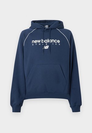 Navy blue New Balance hoodie with white logo text, front kangaroo pocket, adjustable hood with drawstrings, and ribbed cuffs and hem.