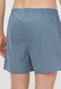 Moške kopalne hlače modro-belega karo vzorca z elastičnim pasom, s sproščenim krojem in lahkim bombažnim materialom.