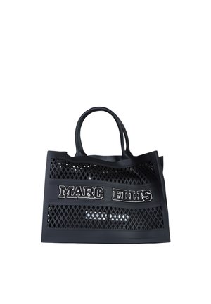 Borsa tote in mesh nera con doppi manici, con "MARC ELLIS" ricamato in grandi lettere bianche sulla pannello frontale.