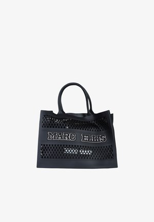 Borsa tote in mesh nera con doppi manici, con "MARC ELLIS" ricamato in grandi lettere bianche sulla pannello frontale.