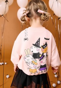 Ljusrosa sweatshirt med tecknade figurer, en spindel och Halloweenmotiv på baksidan. Ribbstickad halsringning och sänkta axlar.