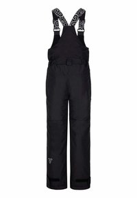 Overoles de nieve negros con tirantes ajustables que presentan un acento de patrón blanco. Hechos de material resistente a la intemperie, diseñados para proporcionar calidez y durabilidad.