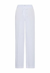 Pantalon en lin blanc avec une coupe décontractée, taille élastique et cordon de serrage ajustable. Le tissu est léger et présente une finition texturée.