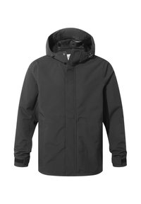 Black waterproof jacket featuring a hood, front zip closure, and adjustable cuffs. Smooth texture with a plain design and no visible patterns.