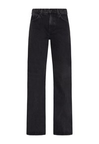 Jeans in denim nero a gamba larga con vita alta, caratterizzati da un classico design a 5 tasche, cuciture robuste e una texture liscia.