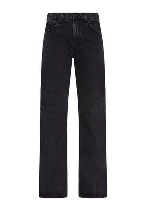 Sorte denim vidde bukser med høj talje, der har et klassisk 5-lomme design, solid syring og en glat tekstur.