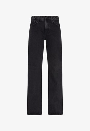 Sorte denim vidde bukser med høj talje, der har et klassisk 5-lomme design, solid syring og en glat tekstur.