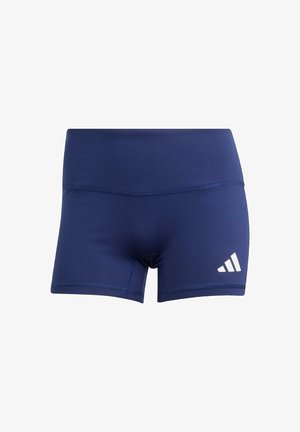Granatowe sportowe szorts z elastycznego materiału, o dopasowanym kroju, z białym logo Adidas w prawym dolnym rogu.