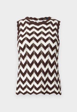Αμάνικο πλεκτό τοπ με καφέ και λευκό ζιγκ ζαγκ μοτίβο και κυματιστές άκρες στους ώμους και το τελείωμα.