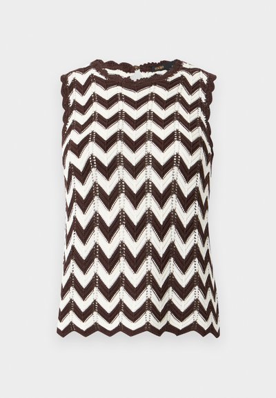 Αμάνικο πλεκτό τοπ με καφέ και λευκό ζιγκ ζαγκ μοτίβο και κυματιστές άκρες στους ώμους και το τελείωμα.