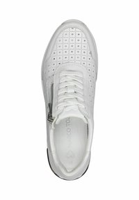 Weiße perforierte Sneaker mit Schnürsenkeln und einem seitlichen Reißverschluss. Verfügt über eine abgerundete Zehenpartie und eine glatte Ledertextur. Schwarze Gummisohle rundet das Design ab.