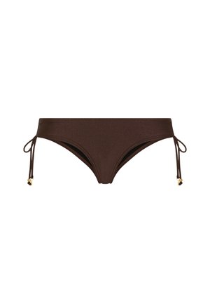 Brown bikini bottoms with side ties ending in small gold beads, shown flat on a white background.