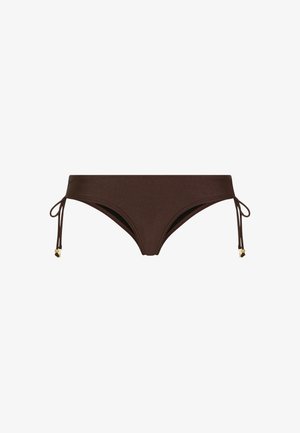 Brown bikini bottoms with side ties ending in small gold beads, shown flat on a white background.