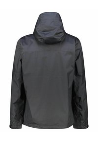 Czarna kurtka przeciwdeszczowa z kapturem, wykonana z gładkiego, lekkiego materiału, zapewniająca pełne pokrycie pleców oraz prosty, elegancki design.