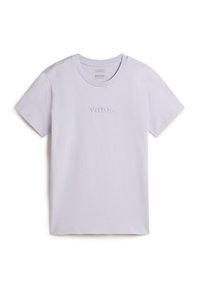Lichtpaarse katoenen t-shirt met korte mouwen, ronde hals en geborduurd "vans." logo op de voorkant. Gladde textuur en eenvoudig ontwerp.