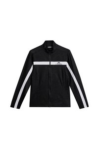 Black jacket with a textured design, featuring a white horizontal stripe and a logo on the chest. Zipper front and high collar.