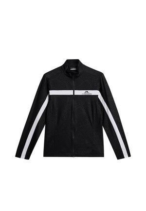 Black jacket with a textured design, featuring a white horizontal stripe and a logo on the chest. Zipper front and high collar.