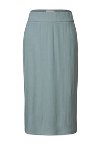 Mintgrön knälång kjol med vertikal ribbad textur och bred midjeresår. Klassisk, mångsidig design för olika outfits.