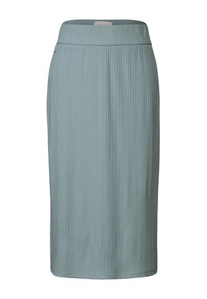 Falda de longitud a la rodilla en color verde menta, con textura acanalada vertical y una cinturilla ancha. Diseño clásico y versátil para diferentes conjuntos.
