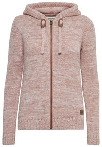 Rosa och vit melerad stickad zip-up hoodie med långa ärmar, dragsko i huvan och lädermärke på fållen.