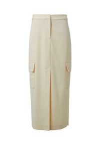 Beige midi skirt made from textured fabric, featuring two side pockets and a front slit, with a smooth waistband.