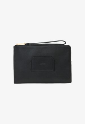 Schwarzer Leder-Handgelenk-Clutch mit goldenem Reißverschluss und einer äußeren rechteckigen Aufsatztasche in der Mitte.