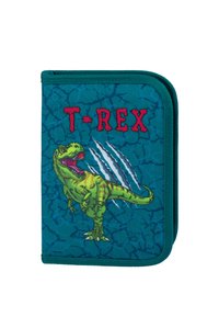 Zelený design dinosaura T-Rex na modrém, prasklém povrchu. Zipové uzavírání s tyrkysovým lemováním. Obsahuje červený text "T-REX" a detaily v podobě otisků drápů.