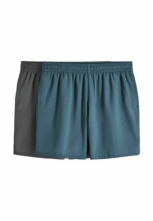 Dva páry šortiek s elastickým pásom, jedny tmavosivé a jedny modrozelené, zobrazené položene s bočnými vreckami.