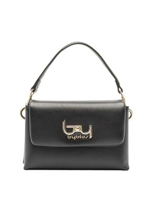 Borsa in pelle nera con manico superiore, chiusura con logo "Byblos" dorato sulla patta frontale e dettagli in metallo dorato alle estremità della tracolla.