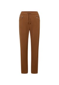 Braune Jogginghose aus weichem Material, mit einem Kordelzugbund und zwei mit Reißverschluss versehenen Vordertaschen für zusätzlichen Komfort.