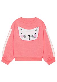 Pink long-sleeve sweatshirt with white stripes on sleeves and a front white pouch shaped and designed like a cat's face with a zipper.