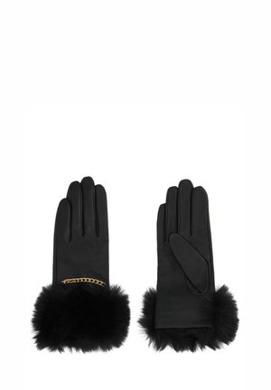 Fekete bőr kesztyű, bolyhos műszőrme mandzsettával. Arany lánc díszítéssel a csuklón. Általánosan sima tapintású.