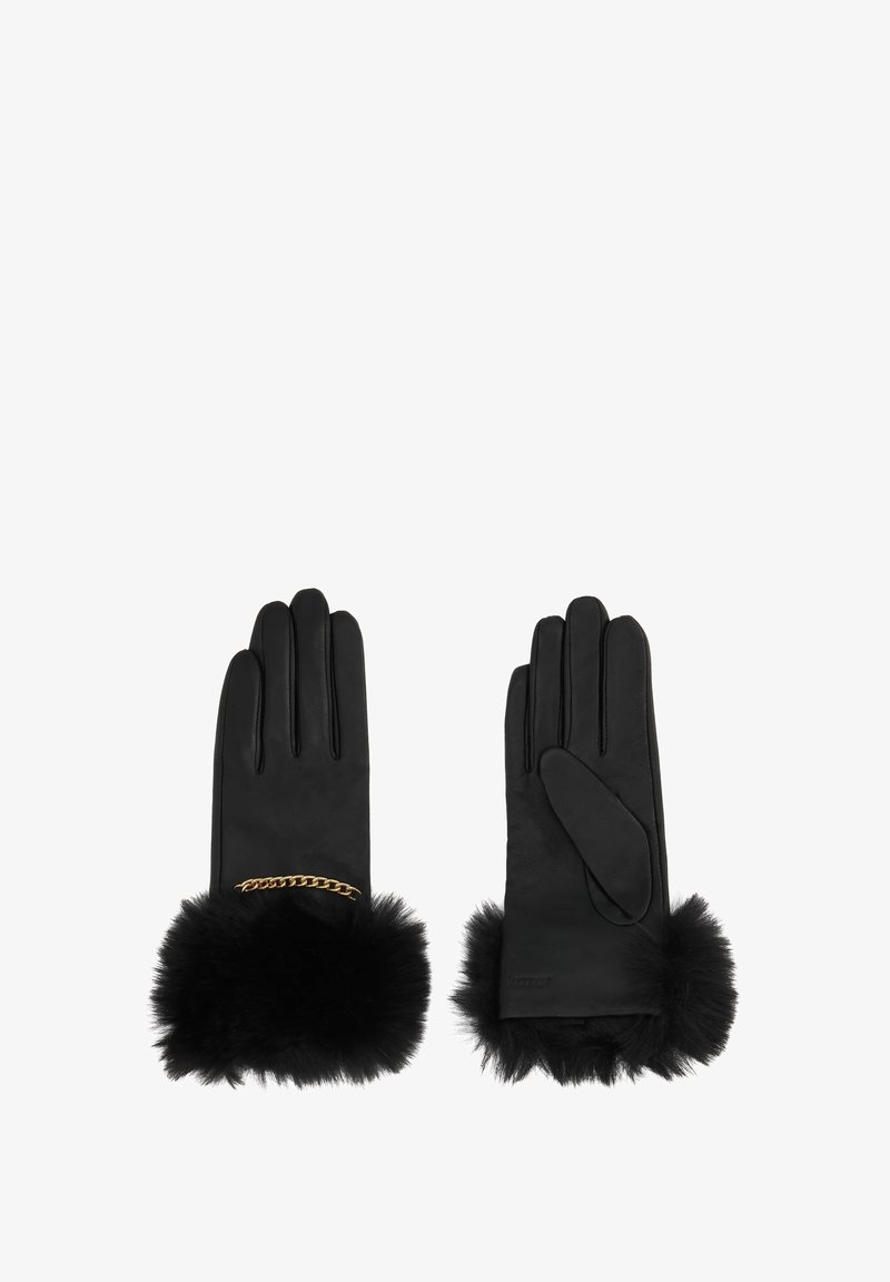 Mănuși din piele neagră cu o manșetă pufoasă din blană sintetică. Prezintă un accent din lanț de aur în jurul încheieturii. Textură netedă în general.