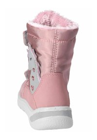 Botín sintético rosa con forro de peluche, que presenta un diseño de unicornio en el costado y piedras brillantes decorativas. Parte superior de textura suave con suela de goma.