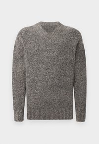 Grå V-hals genser, strikket tekstur, lange ermer, ribbestrikkede mansjetter og falm, melert mønster, medium tykt stoff.