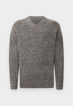 Grijze v-hals trui, gebreide textuur, lange mouwen, geribde manchetten en zoom, gemêleerd patroon, middelgewicht stof.