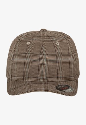 Barna kockás sapka hajlított nappal, bonyolult szőtt textúrával, világoskék és sötétbarna díszítéssel. A tetején szellőzőlyukak találhatók.