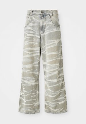 Light gray denim jeans with a wide leg, featuring white abstract patterns, five pockets, and a front button closure. Distressed hem detail.