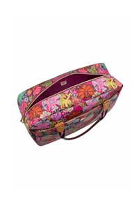 Sac de sport en textile avec un motif floral dans des teintes de rose, vert et orange. Poignées en cuir marron et garnitures dorées, fermeture éclair, intérieur spacieux.