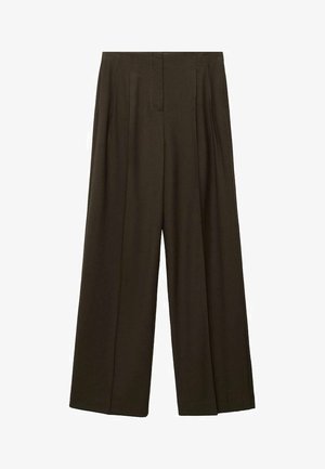 Pantaloni evazați dintr-un material de un verde măsliniu închis, având pliseuri, croială dreaptă și o textură netedă. Fără accesorii sau detalii vizibile.