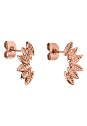 Pair of rose gold stud earrings shaped like overlapping textured leaves with butterfly back closures on white background.