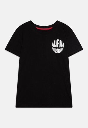 Black cotton t-shirt with a crew neck, short sleeves, and a white rounded logo that reads "ALPHA INDUSTRIES" on the front.