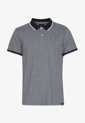 Grijze polo met een marinehals en witte accenten. Het heeft een klein geborduurd logo op de borst en twee knopen bij de nek.
