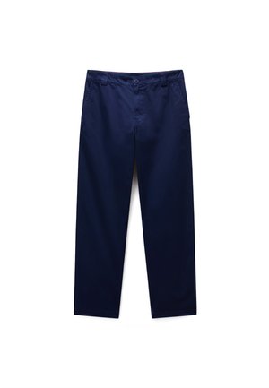 Marineblaue, gerade geschnittene Hose mit Knopfverschluss, Gürtelschlaufen und vorderen Seitentaschen vor weißem Hintergrund.