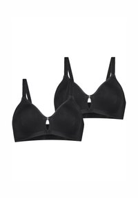 Two black bras made of smooth fabric. They feature a triangular shape, adjustable straps, and a decorative keyhole detail at the front.