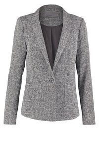 Blazer gris texturé pour femme à bouton unique, manches longues, col à revers cranté et deux poches plaquées frontales.