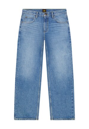 Lyseblå denimjeans med lige ben, fem lommer, knaplukning og Lee-mærke på taljen.