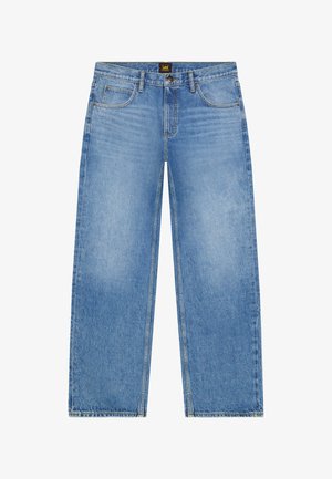 Hellblaue Jeans mit geradem Bein, fünf Taschen, Knopfverschluss und Lee-Logo am Taillenbund.