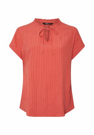 Blouse courte à manches courtes en tissu froissé, décolleté en goutte d'eau et détail noué au col à volants.