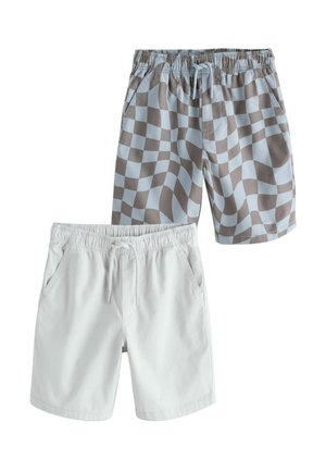 Two pairs of shorts: one features a light blue and brown checkered pattern, while the other is solid light gray. Both have an elastic waistband.